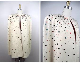 50s 60s Confetti Sequin Couture Cape / 1950's Multicolor Sequined Beige Cream Wool Cloak Overcoat w/ Red Quilted Lining