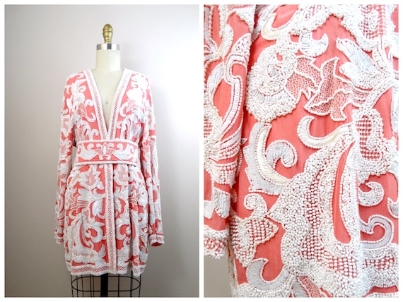 RIAZEE Vintage Couture Sequin Embellished Dress Jacket / Salmon Pink Silk White Beaded Sequined Wrap Mini Dress w/ Belt