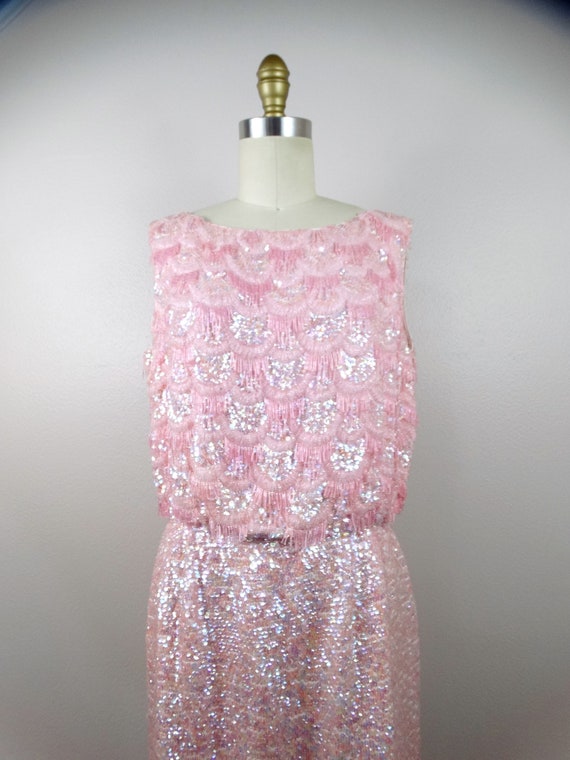 50s 60s Fringe Beaded Sequined Dress / Iridescent… - image 3