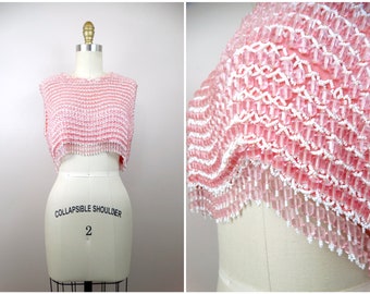 50s Pink Beaded Fringe Crop Top // 1950's Pastel Chunky Bead Embellished Open Back Cropped Top