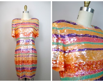 Pastel Beaded Dress M/L Pink Orange and Yellow Striped Sequin Dress