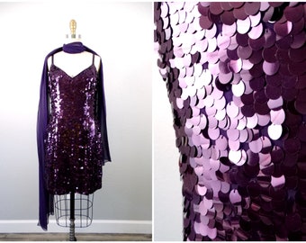 Eggplant Aubergine Paillette Cocktail Dress / All Over Purple Sequin Dress US Size 10