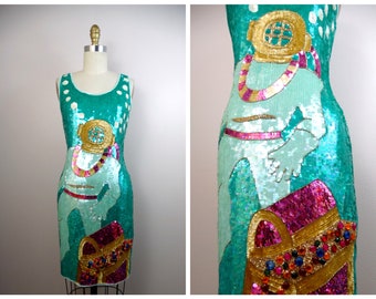 RARE Treasure Sequined Dress / POP ART Jewel Embellished Dress / Novelty Sequin Beaded Dress / The "Scuba Diver" Dress by Philippe Albert