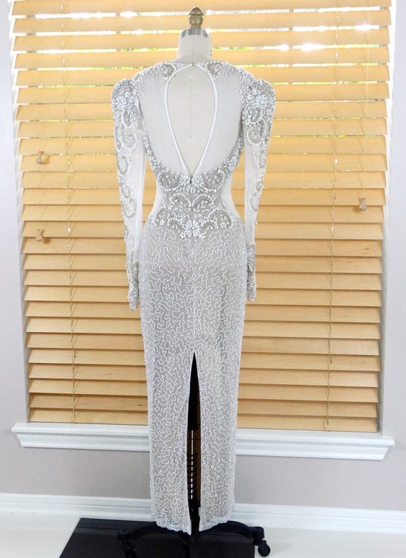 Nude Illusion Pearl Beaded Wedding Dress // Vinta… - image 5
