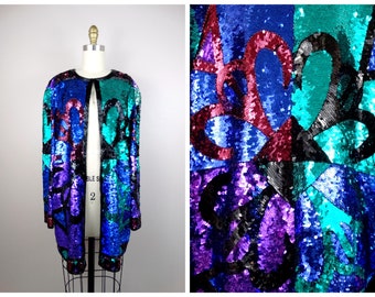 L/XL Heavy Beaded Sequined Jacket / Blue Green and Purple Vintage Sequin Embellished Evening Jacket Extra Large XL