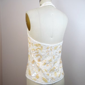 VTG Iridescent Sequined White Beaded Halter Top // Glass Beaded Bustier Vest Top // Ivory Silk Beaded Backless Top image 3