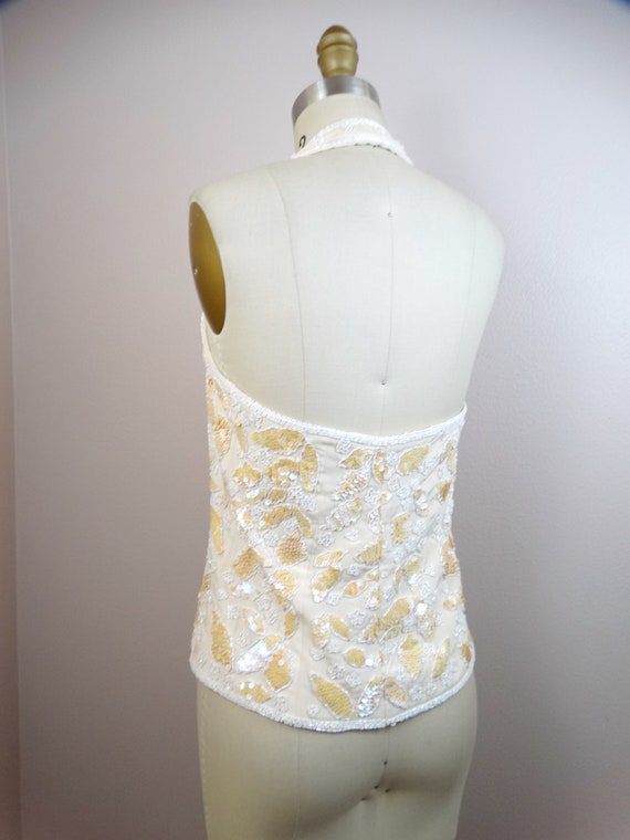 VTG Iridescent Sequined White Beaded Halter Top /… - image 3