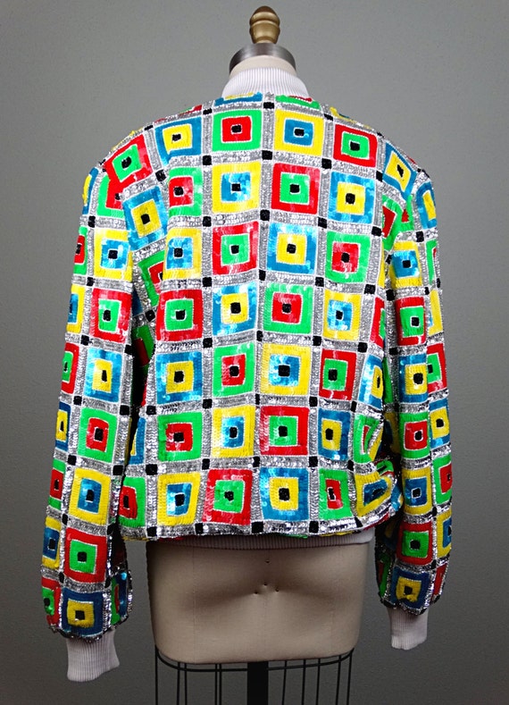 80s Neon Sequined Bomber // Bright Color Block Se… - image 4