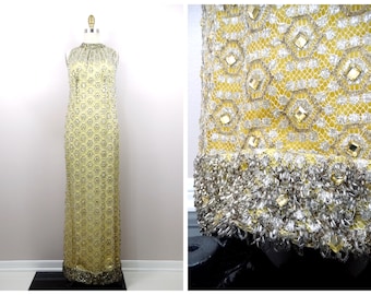 50s Metallic Lace Jewel Beaded Gown / Yellow Gold Bejeweled Dress