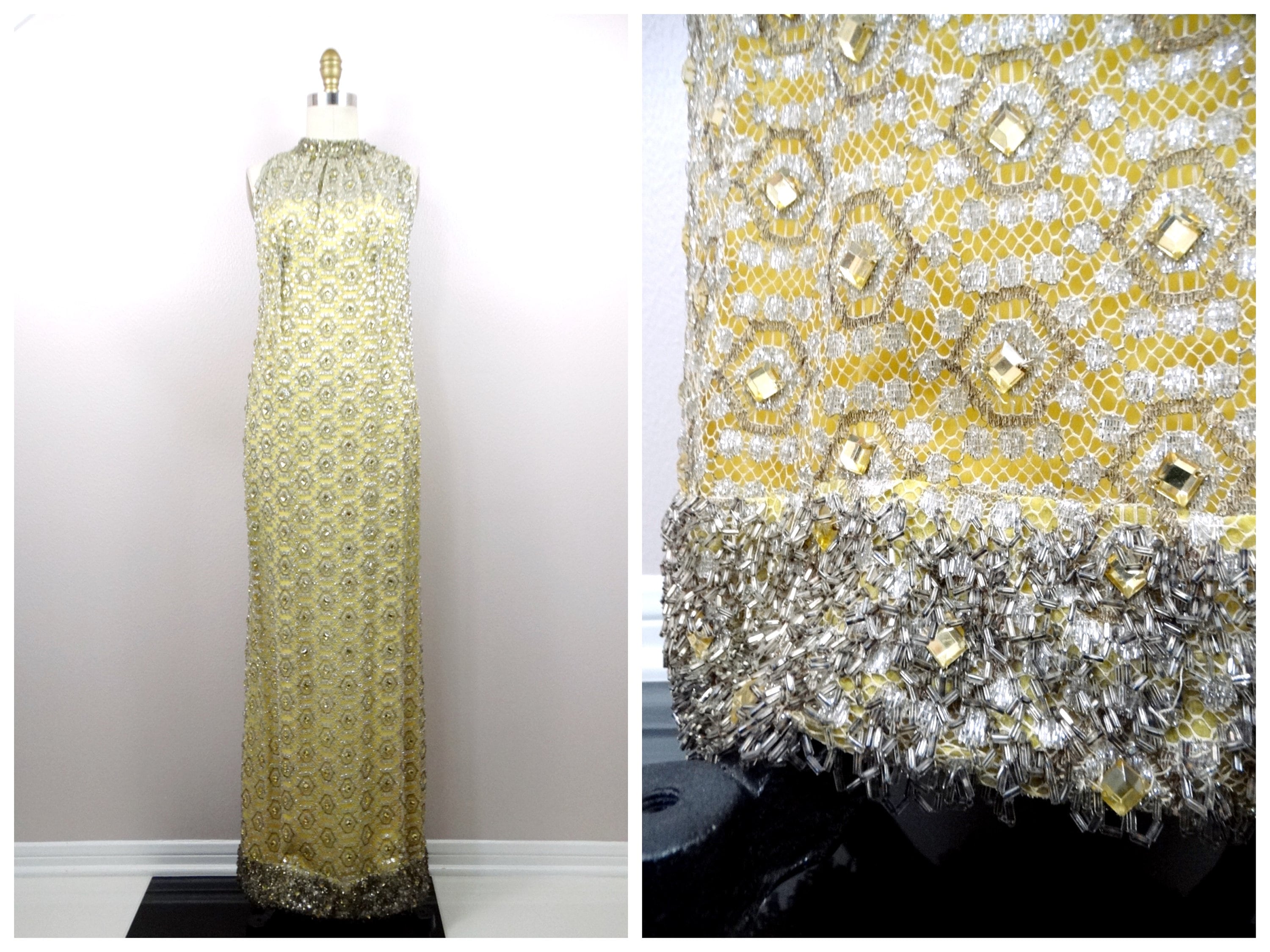 50s 60s Metallic Lace Jewel Beaded Gown 