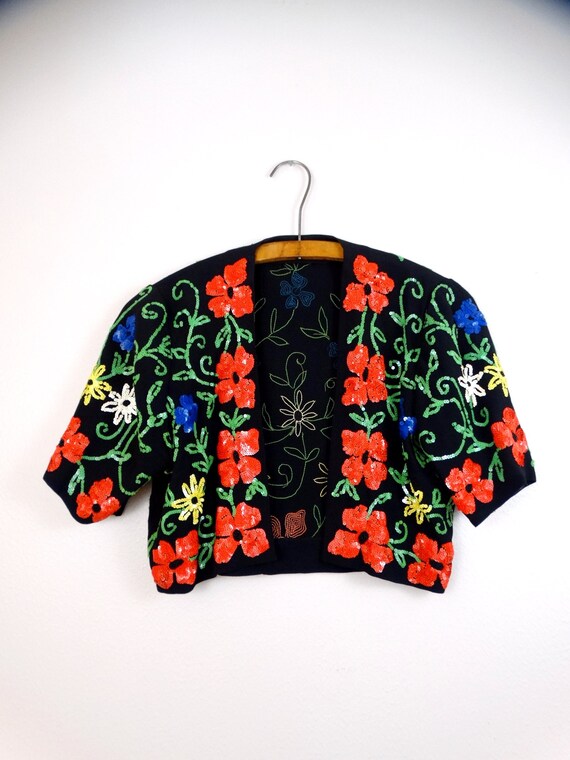 Vintage Hand-Beaded Sequin Bolero, 1930s-40s Flor… - image 2