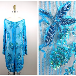 Turquoise Blue Lace Sequined Beaded Sheer Duster / Boho Sequin Embellished Hand Beaded Sequin Long Shrug