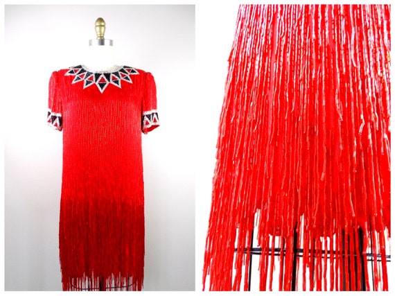 Bob Mackie Beaded Dress // Vintage Red Silk Fring… - image 4