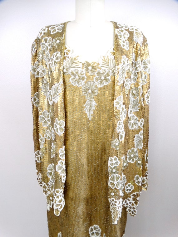 Metallic Gold Sequin Pearl Beaded Dress + Long Ja… - image 3