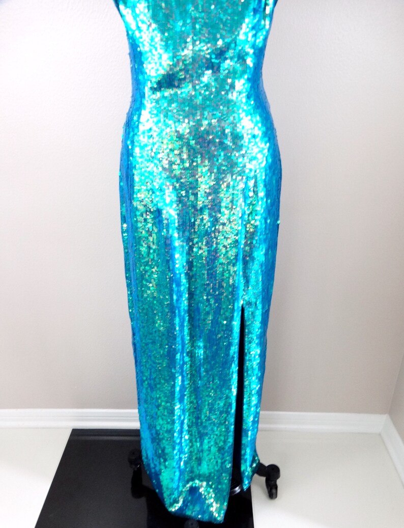 Iridescent Mermaid Sequin Gown / Opalescent Blue Green Chameleon Sequined Dress image 3