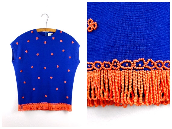 60s Italian Beaded Bright Blue Wool Top / Neon Ora