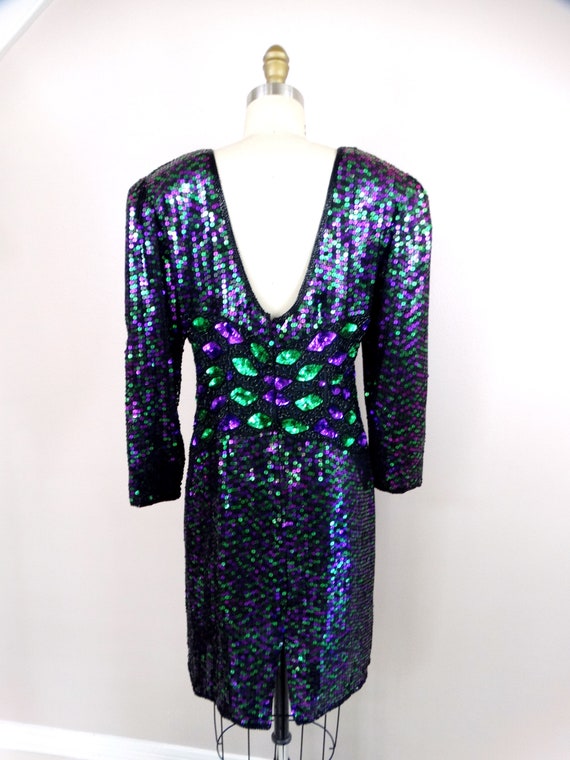 VTG Mardi Gras Sequin Dress / Vintage Black Green… - image 4