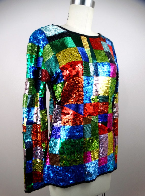 Retro Rainbow Sequin Top / Colorful Colorblock Be… - image 4