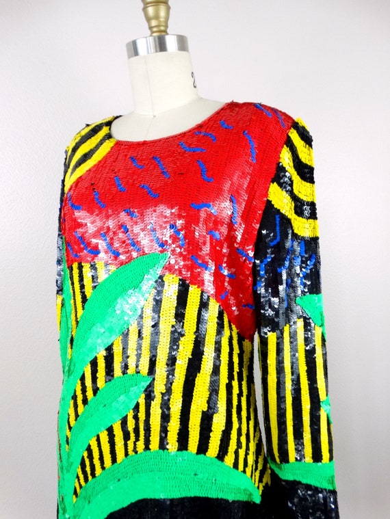EXOTIC Abstract Sequined Dress / Bright Neon Palm… - image 7