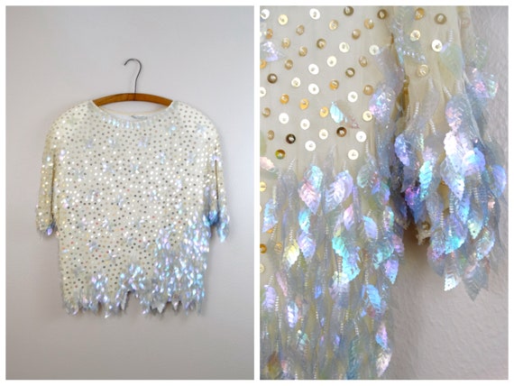 S/M Iridescent Paillette Sequin Top // Ivory and … - image 1