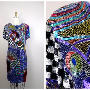 Bright Sequined Vintage Glam Dress / RARE Retro Rainbow Sequin Beaded Party Dress