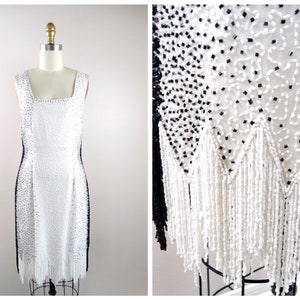 VTG Fringe Beaded Mini Dress // Vintage Cocktail Dress // Slimming Black and White Party Dress