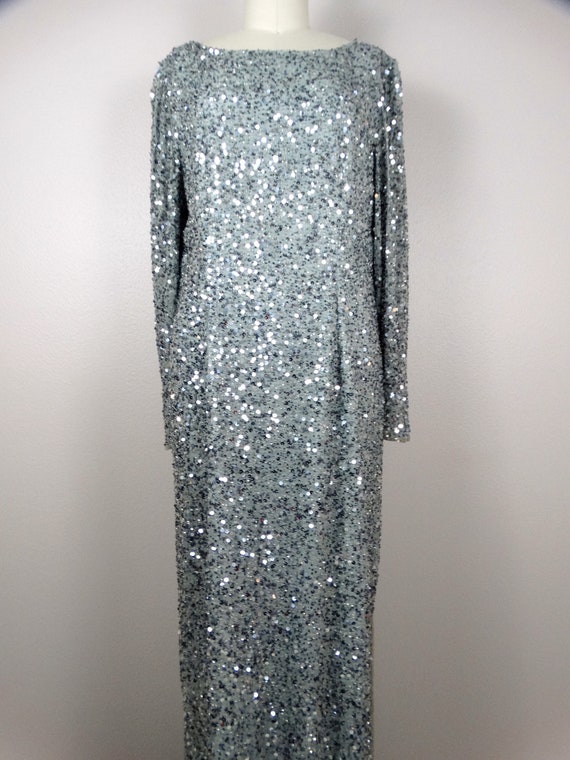 90s Fully Sequined Gown / Silver & Gray Beaded Si… - image 2
