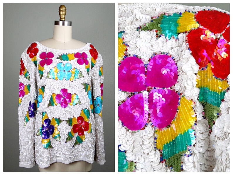 White Sequin Floral Art Deco Top Fully Embellished Silk Blouse Pink Purple Red Blue Sequined Beaded Top Large XL