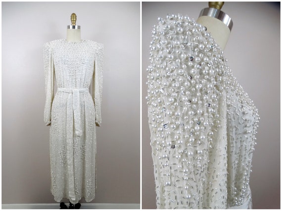 Vintage Pearl Beaded Dress / Heavy Embellished Go… - image 9