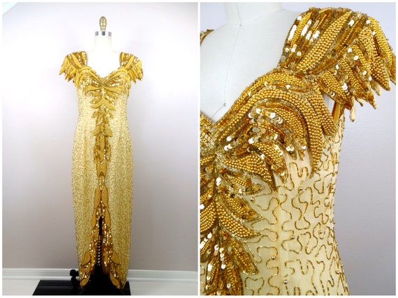 Art Deco Gold Sequin Dress // Vintage Beaded Sequ… - image 6