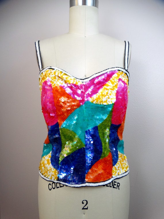 Neon Sequin Top / BRIGHT Vintage Beaded Bustier - image 4