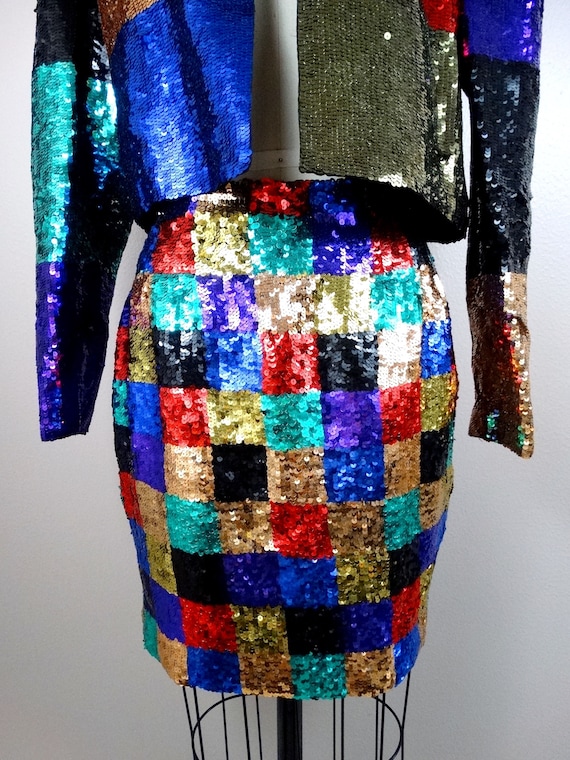 80s 90s Sequin Color Block Bolero Jacket and Mini… - image 4