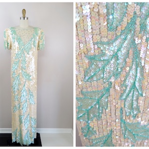 Irisierendes Paillettenkleid / Pastell Mintgrün & Perlenperlenbesetztes Paillettenkleid / Art Deco Paillettenkleid