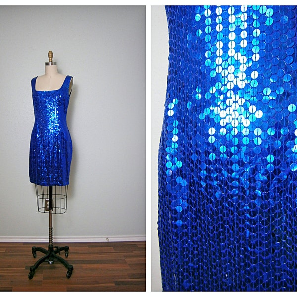 Vintage Blue Sequin Dress // Designer Sequinned Dress // Bold Indigo Blue Purple Sequence Dress Size 8