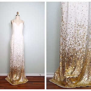 VTG Glam White & Gold Sequined Gown // Open Back White Sequin Gold Beaded Fully Embellished Dress