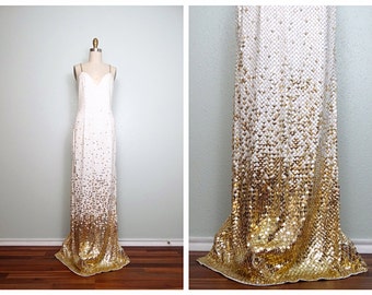 VTG Glam White & Gold Sequined Gown // Open Back White Sequin Gold Beaded Fully Embellished Dress