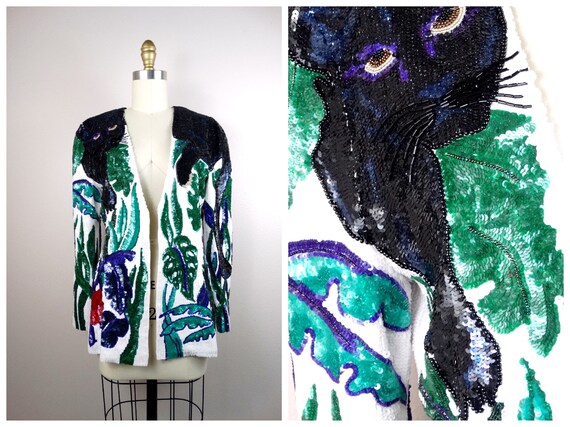 Vintage Sequin Jacket: Wild Panther Jungle Scene, Wearable Art