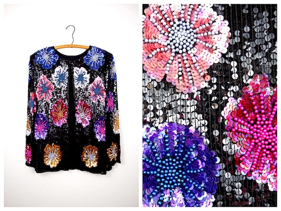 Bright Beaded Sequined Jacket / Colorful Floral Se