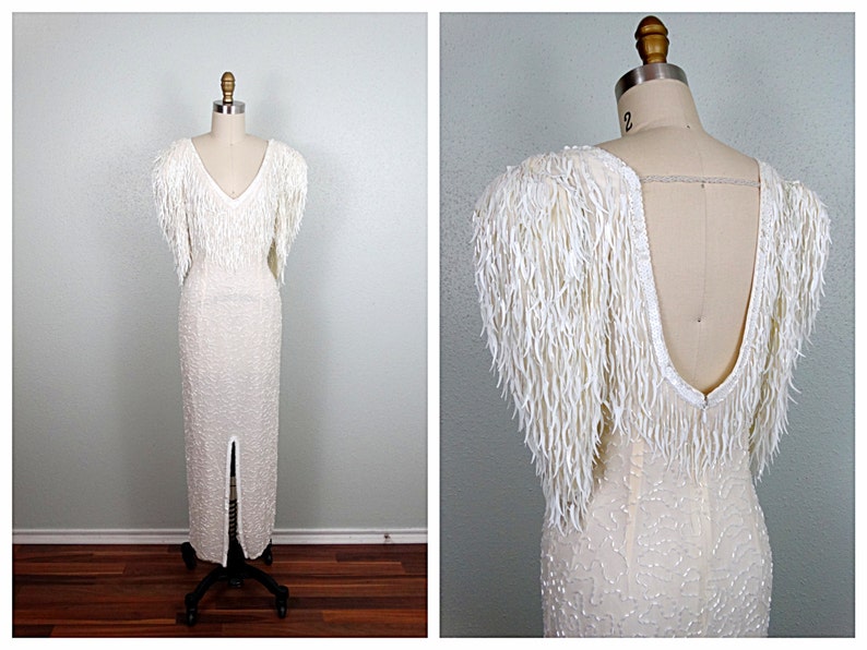 HEAVY Ivory Sequin Wedding Gown // Gatsby Flapper Wedding Dress