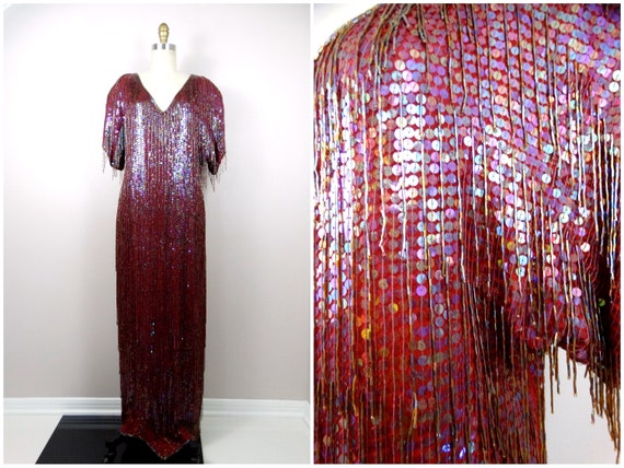 All Over Fringe Beaded Gown // Fully Beaded Sequi… - image 1