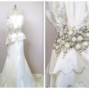 One Shoulder Crystal Beaded Wedding Gown / Rhinestone Embellished Wedding Dress / Sheer Ivory Bridal Gown