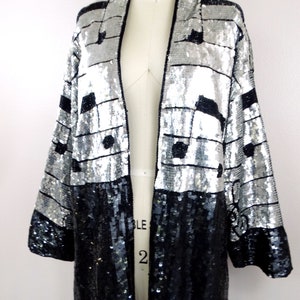 RARE Rockstar Sequin Novelty Duster // Black & Silver Sequined Beaded Musical Notes Long Jacket // Musicians Fully Embellished Coat image 2