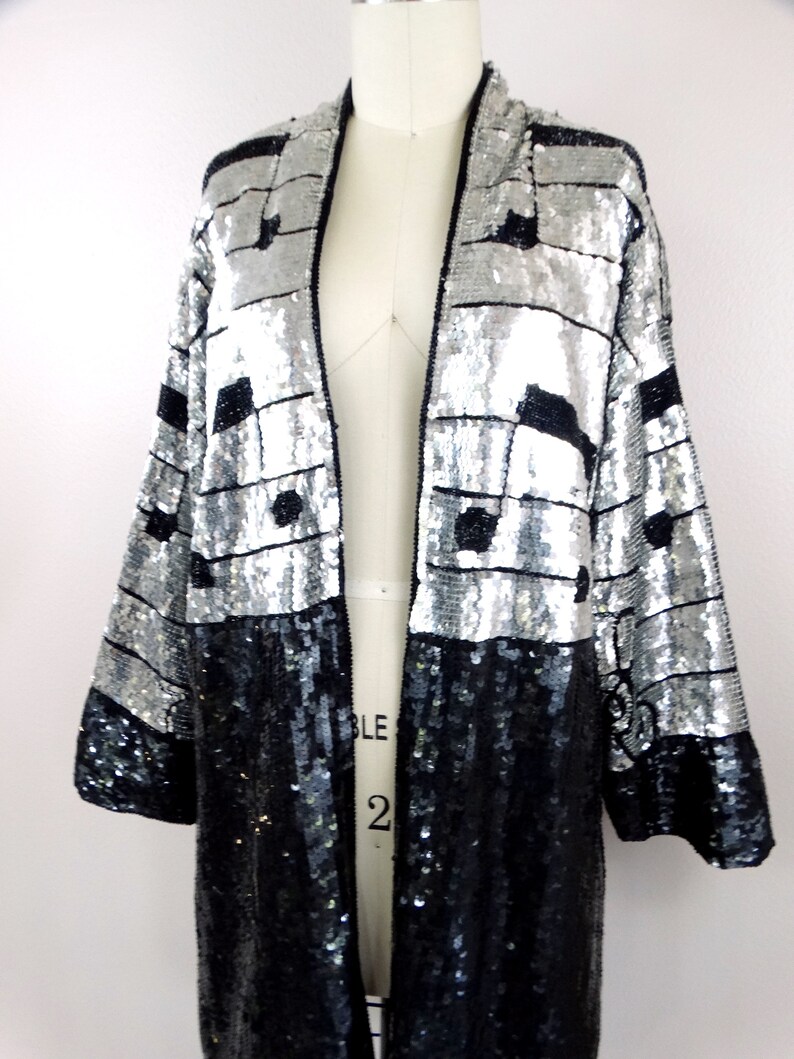 RARE Rockstar Sequin Novelty Duster // Black & Silver Sequined Beaded Musical Notes Long Jacket // Musicians Fully Embellished Coat image 2