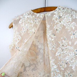 50s 60s Crystal Rhinestone Beaded Bolero Vest // Ivory Cream Lace Iridescent Sequin Embellished Bridal Crop Top w/ Jewels image 3