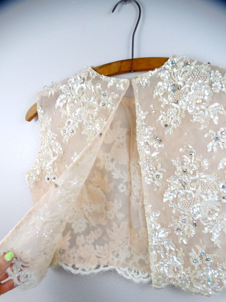 50s 60s Crystal Rhinestone Beaded Bolero Vest // Ivory Cream Lace Iridescent Sequin Embellished Bridal Crop Top w/ Jewels image 3