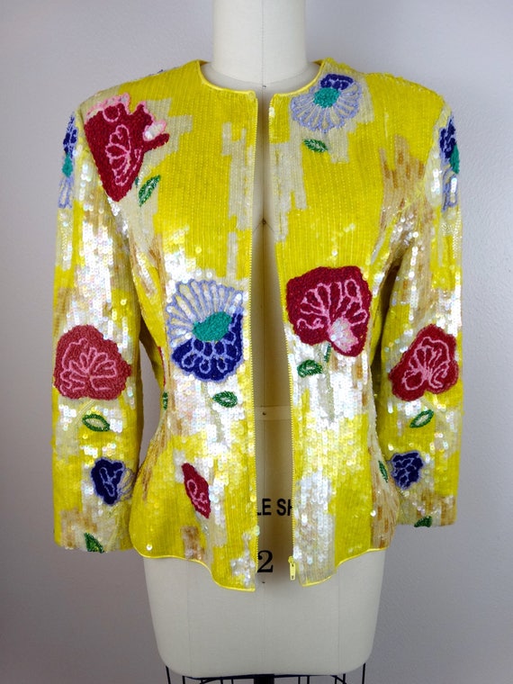 M/L Embroidered Floral Jacket / Bright Yellow Seq… - image 2