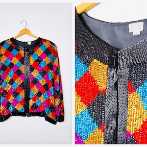 Vintage harlekijnvest met lovertjes, jas met grote maten kralen