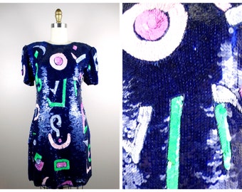 Funky Sequin Mini Dress / Navy Blue Pink and Purple Party Dress w/ Geometric Shapes