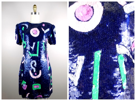 80s 90s Funky Sequined Mini Dress // Blue Pink Pu… - image 1