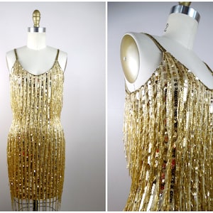 All Over Fringe Beaded Dress // Fringed Gold Sequin Embellished Mini Dress